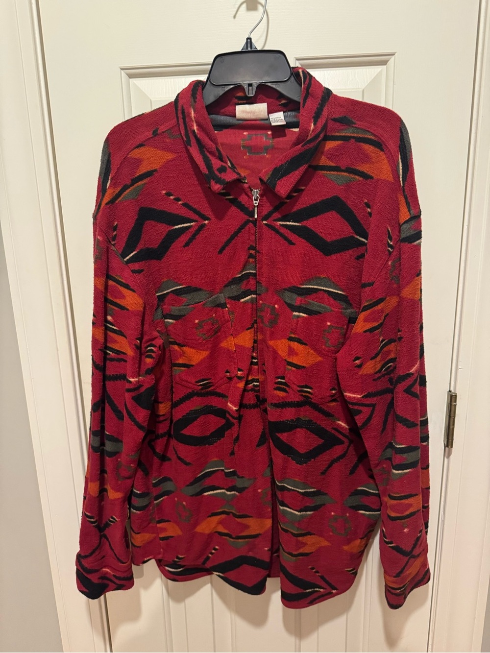 Chico's Red Patterned Zip-Front Jacket with Orange & Green Accents